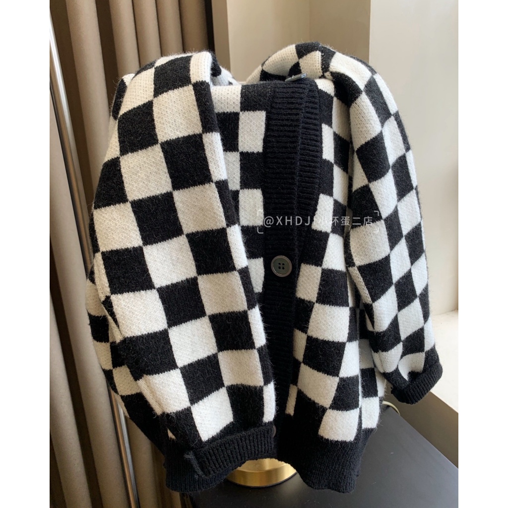Áo CARDIGAN Cổ V Cúc Cài Dáng Rộng Suông In Hình Bàn Cờ Siêu Cá Tính ,Chất Dày DặnPhong Cách Unisex Thoitrangtim