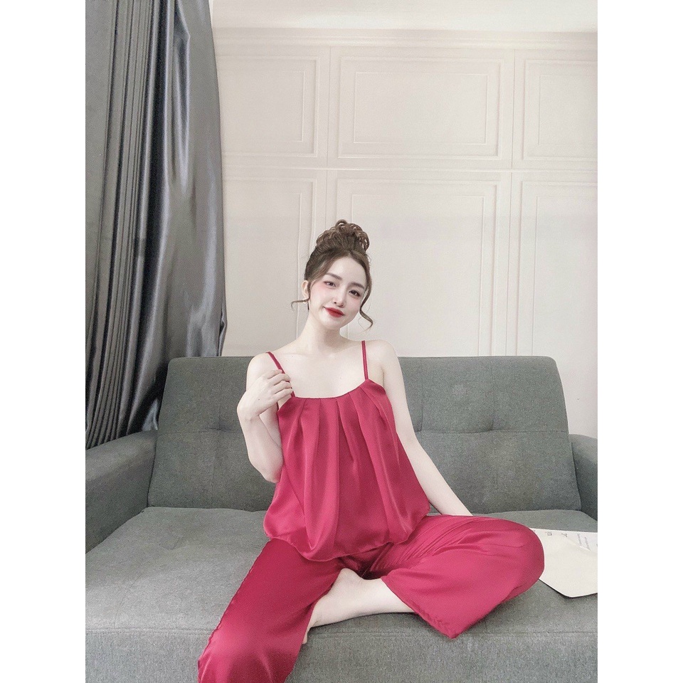 Đồ mặc nhà nữ đẹp, áo 2 dây kèm quần dài chất lụa satin đẹp, mát, ít nhăn, kiểu dáng thanh lịch, phom dưới 55kg | BigBuy360 - bigbuy360.vn