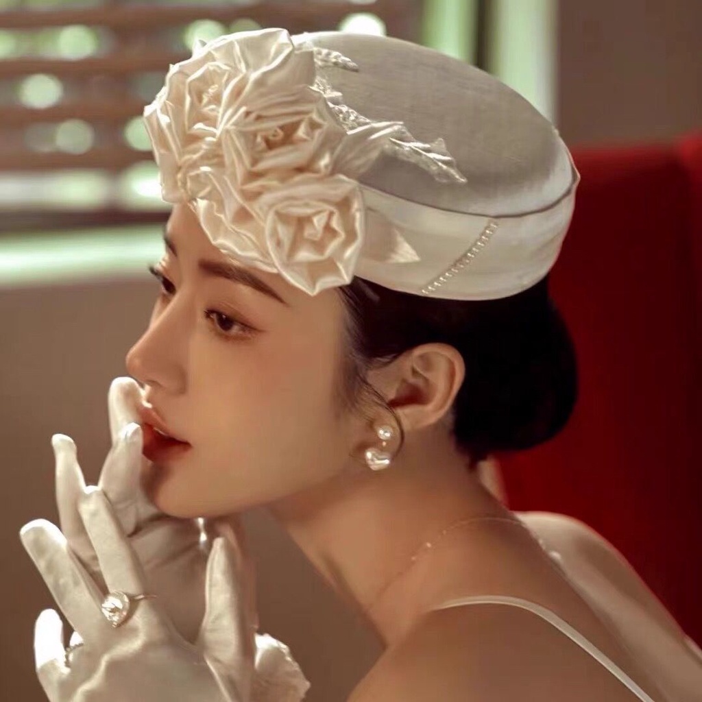 [Aishang Trang Sức Đẹp] Mũ Beret Cô Dâu Phong Cách Hepburn Anh Quốc Cổ Điển Màu Trắng Phụ Kiện Chụp Ảnh Cưới Cô Dâu