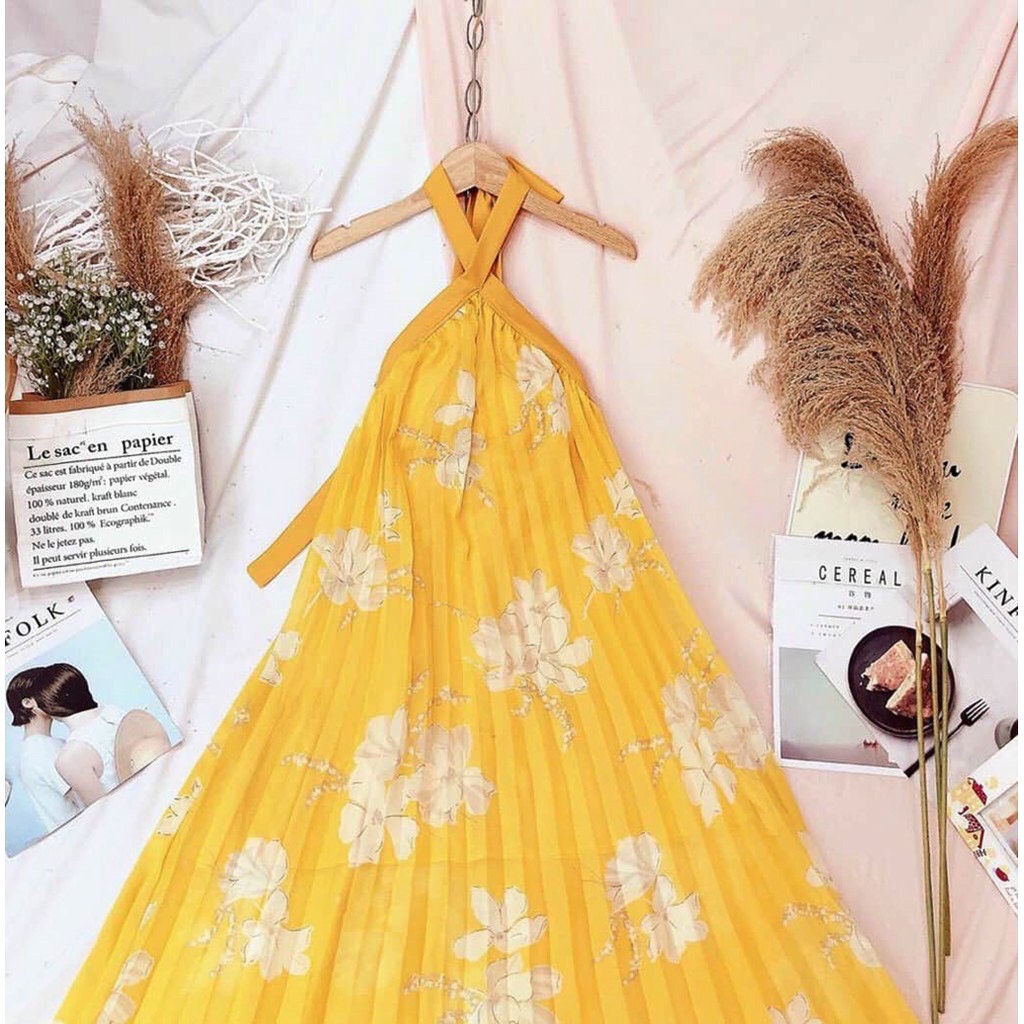 Đầm maxi họa tiết cổ yếm dập ly hở lưng phong cách thời trang XUKA-DRESS MT016 chất Voon tơ đẹp sang