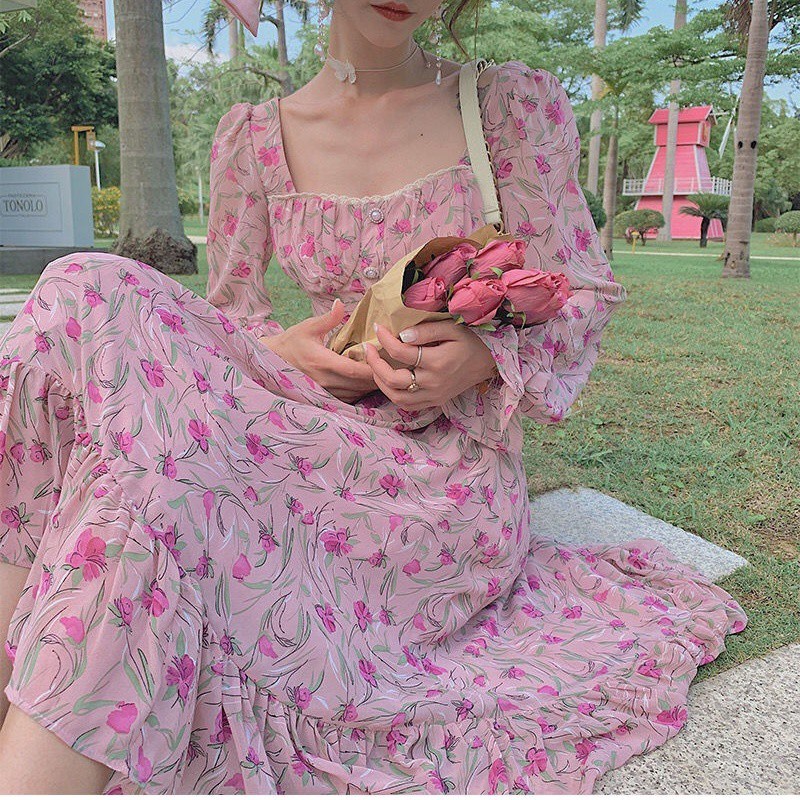 Đầm Hoa Hồng Dáng Dài Phong Cách Retro Hàn Quốc Ngọt Ngào Thời Trang Mùa Hè Cho Nữ