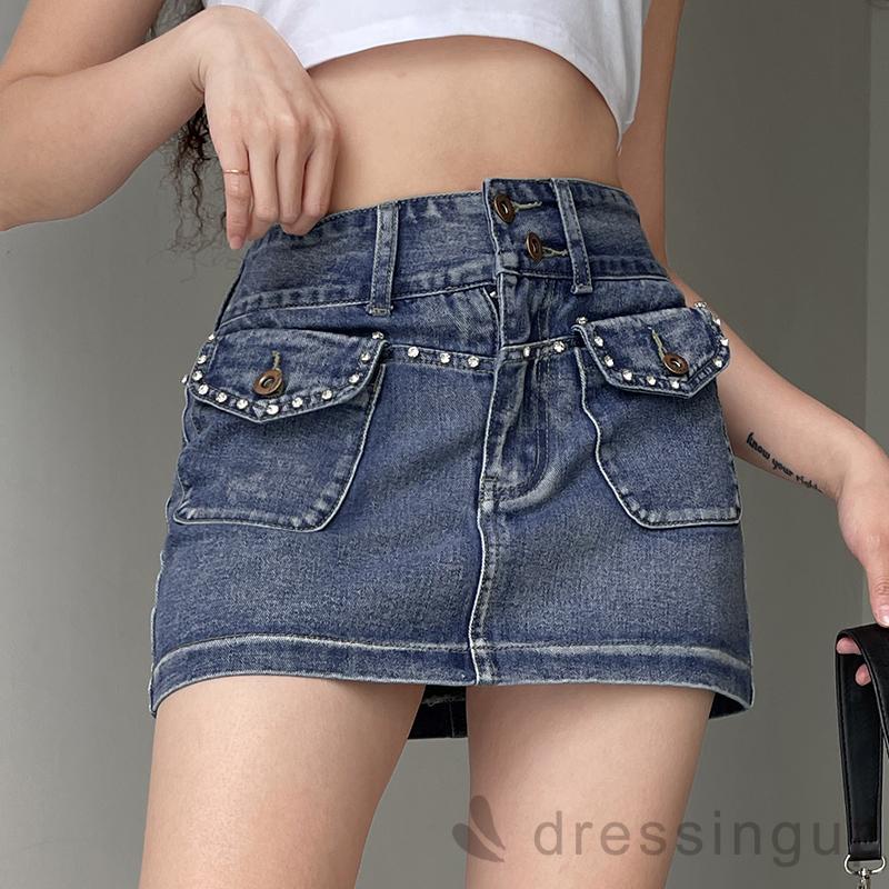DRE-Women´s Mini Denim Skirts, Fashion Rhinestone High Waist Flap Pocket Short Jean Skirts