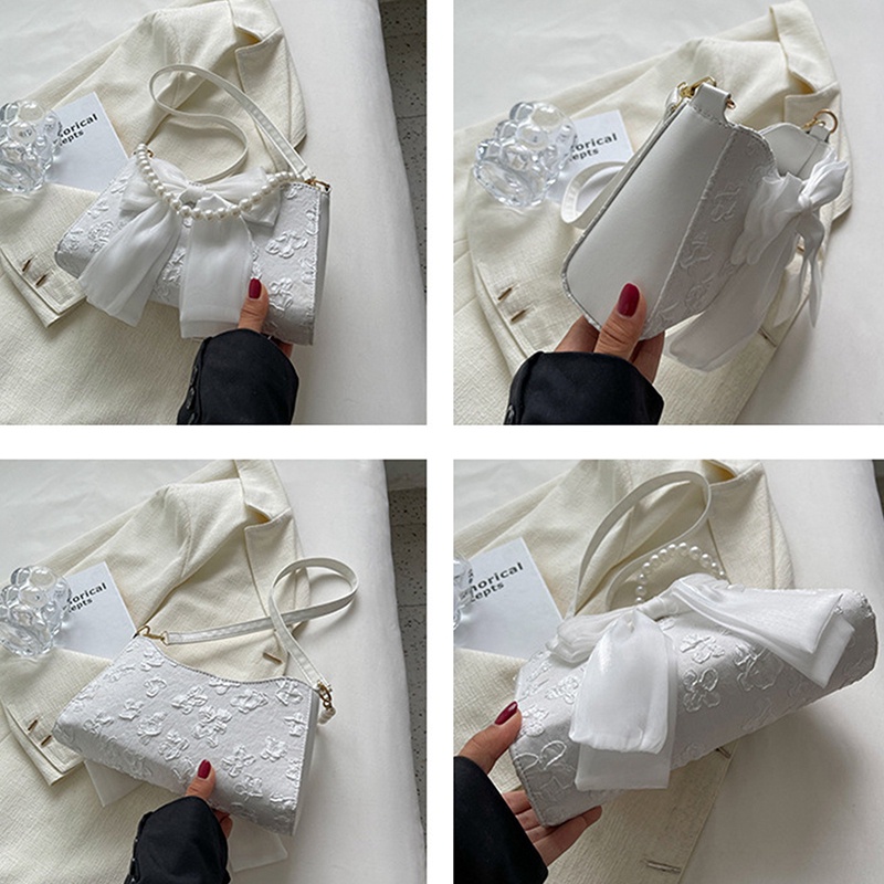 Ygt Túi Xách Đeo Vai / Đeo Dưới Cánh Tay Cỡ Nhỏ Bằng Nylon Mềm Đính Nơ Phối Dây Xích Ngọc Trai Giả Kiểu