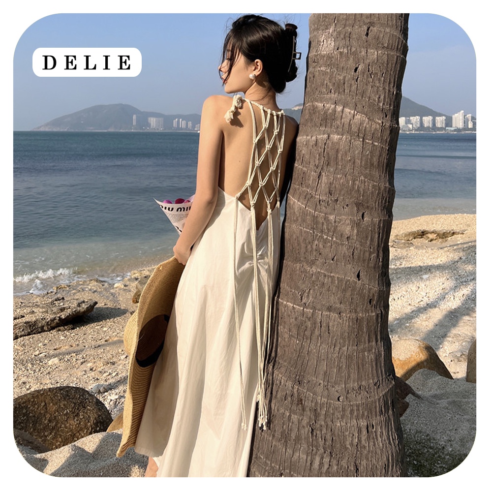 Đầm đi biển DELIE váy maxi trắng hở lưng đan dây quyến rũ dáng xòe dài kiểu pháp VK04