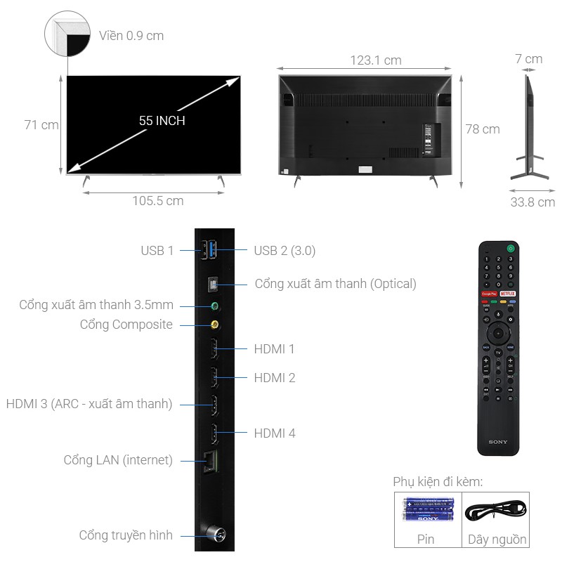 Android Tivi Sony 4K 55 inch KD-55X9000H/S Mới 2020. Remote thiết kế mới RMF-TX500P Tính năng thông minh:Trợ lý ảo