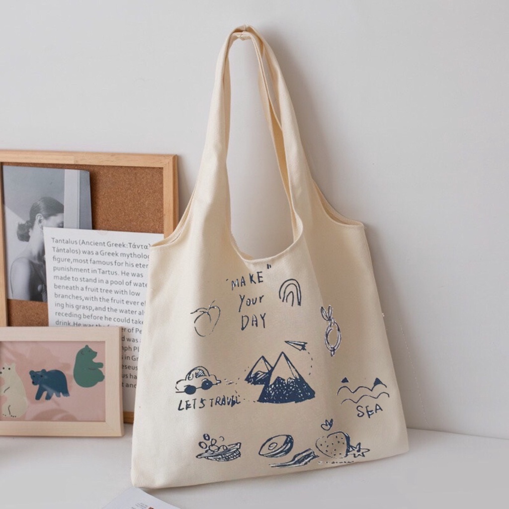 Túi tote Hazin túi vải canvas nữ Make Your Day đựng vừa laptop cỡ lớn đeo vai phong cách ulzzang