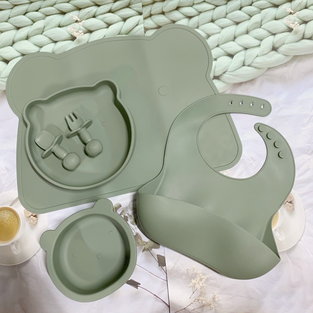 Set ăn dặm silicon 5 món cho bé, bát ăn dặm silicon, khay silicon chống lật phong cách Hàn Quốc