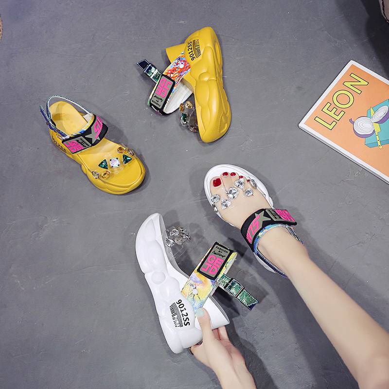 Dép sandal nữ Sandal Đế Xuồng Quai Trong Suốt Đính Đá Thời Trang Mùa Hè 2021 Phong Cách Châu Âu Cho Nữ