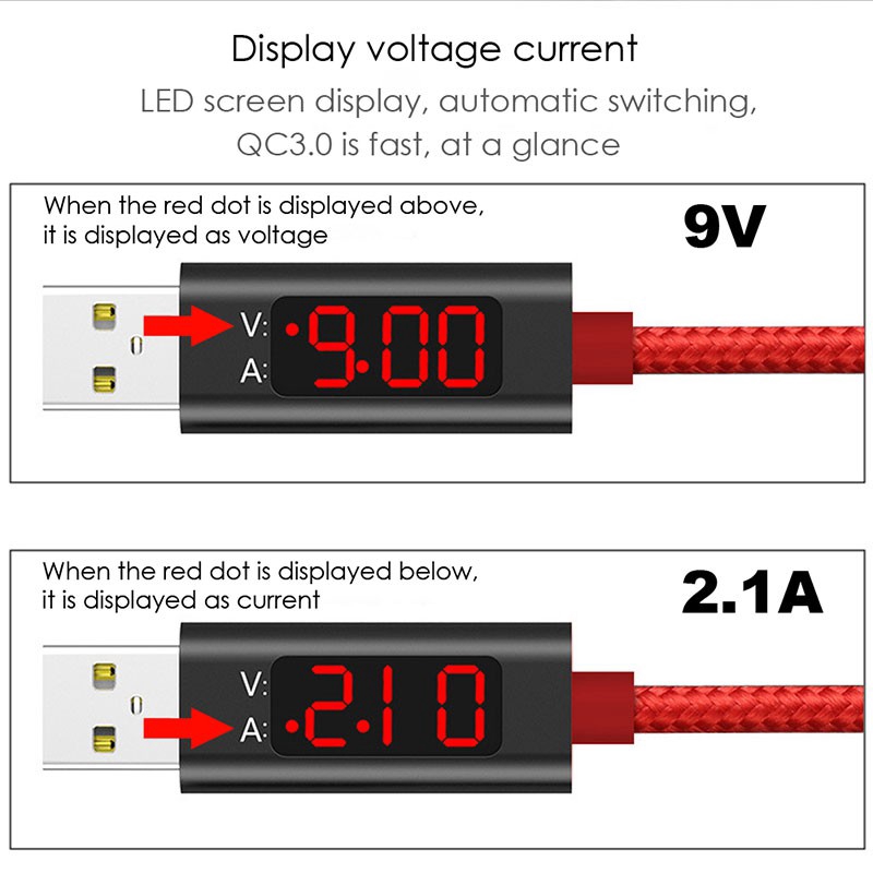 Ready Stock LCD Display 3A Quick Charge 3.0 Micro Type-C Lightning USB Charging Cable