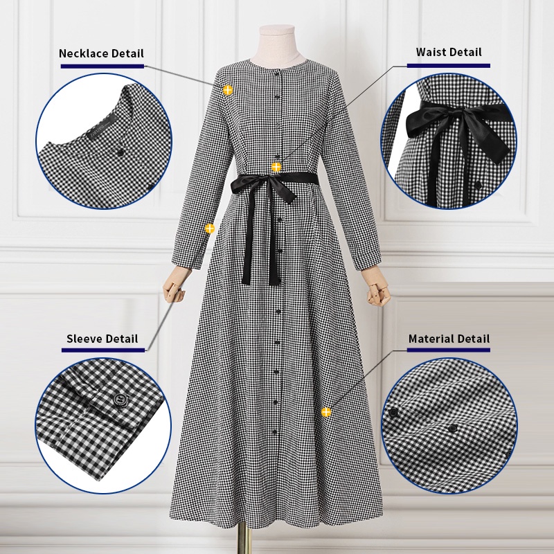 Đầm maxi ZANZEA tay dài cài nút in họa tiết caro thời trang dành cho phụ nữ hồi giáo