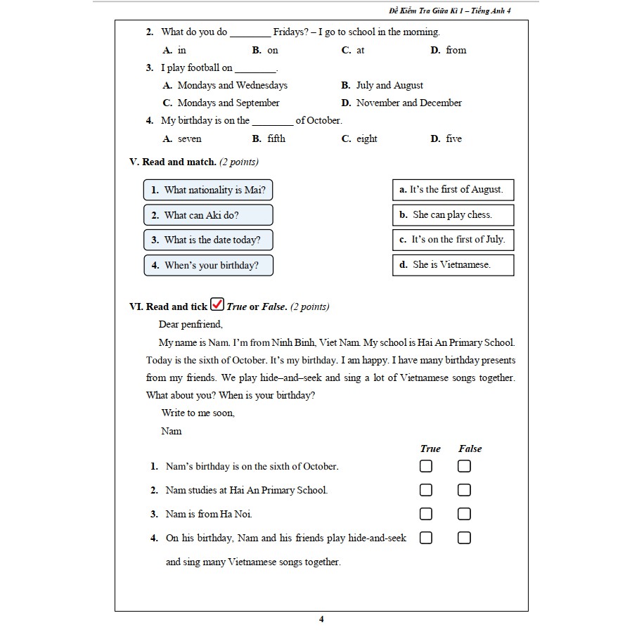 Sách - Đề Kiểm Tra Tiếng Anh 4 - Học Kì 1 (1 cuốn)