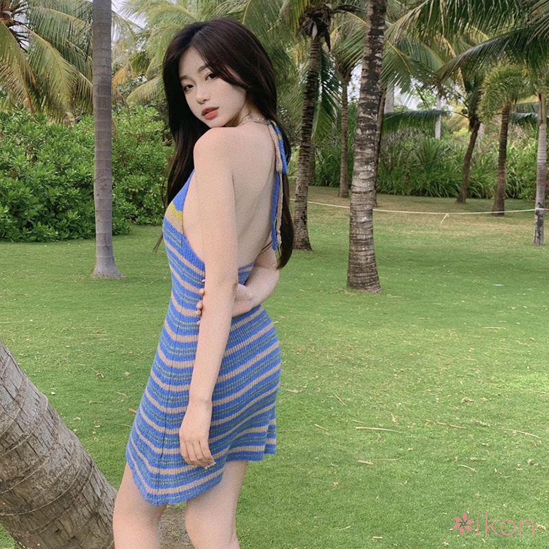 Đầm Cổ Yếm Họa Tiết Kẻ Sọc Thời Trang Mùa Hè Hàn Quốc Chất Liệu Thoáng Khí Cho Nữ