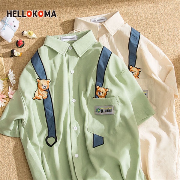 Áo Sơ Mi Ngắn Tay Thêu Hình Gấu Phong Cách Retro Cho Nữ