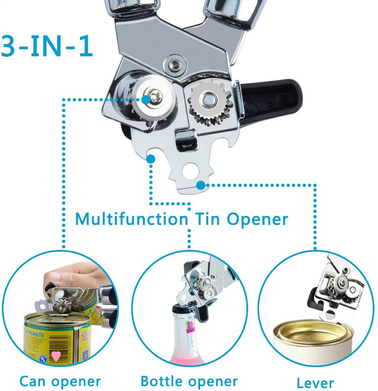 JOSMOMO Dụng cụ mở đồ hộp chuyên nghiệp 3 trong 1 nhà bếp bằng thép không gỉ bền bỉ dụng cụ mở đồ hộp nặng bằng tay hướng dẫn sử dụng đồ hộp cắt cạnh nhẵn, an toàn, tiện dụng, dễ sử dụng, vòng quay lớn