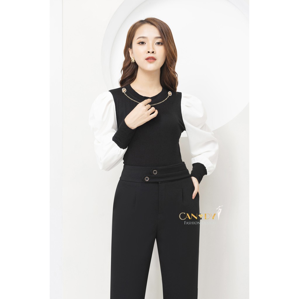 Áo Sơ Mi Nữ Tay Bồng Phối 2 Màu Kèm Phụ Kiện A376 - Candy Fashion