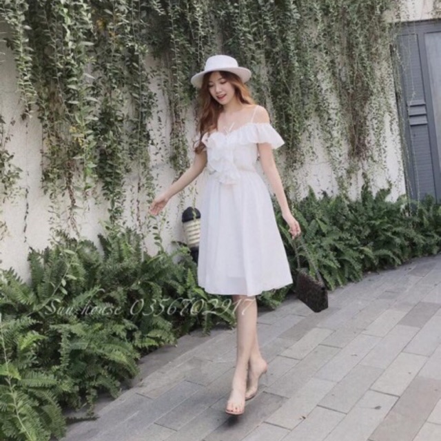Váy Đầm nữ💕FREESHIP💕 Váy xòe 2 dây trễ vai bèo đan dây ngực