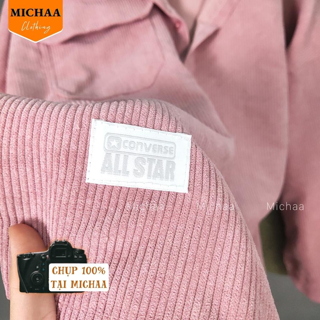 Áo Khoác Sơ Mi Nhung Tăm GẮN LOGO Nam Nữ Kiểu Basic Dài Tay, Áo Oversize Nhiều Màu MICHAA