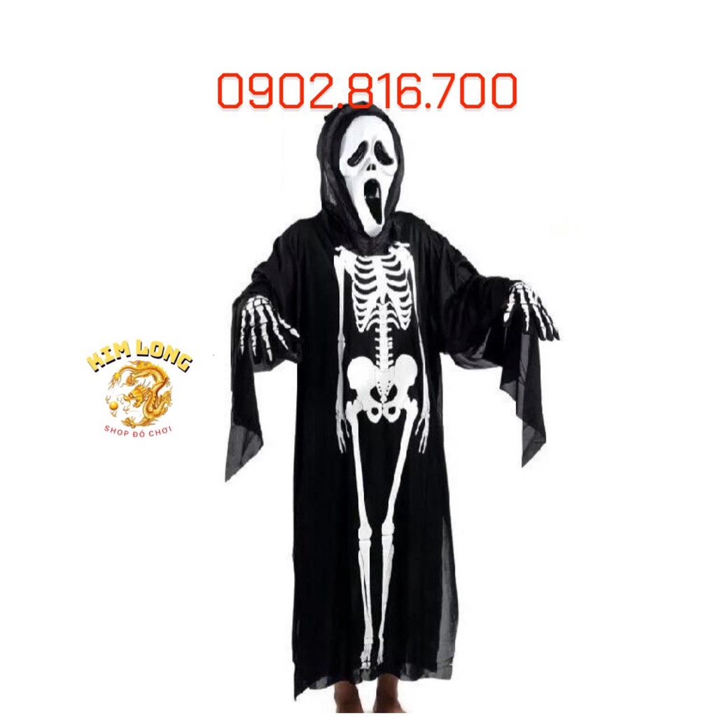 Sét 3 món Áo Choàng có nón và găng tay và mặt nạ hình Bộ Xương cho trẻ em và người lớn trang phục hóa trang HALLOWEEN