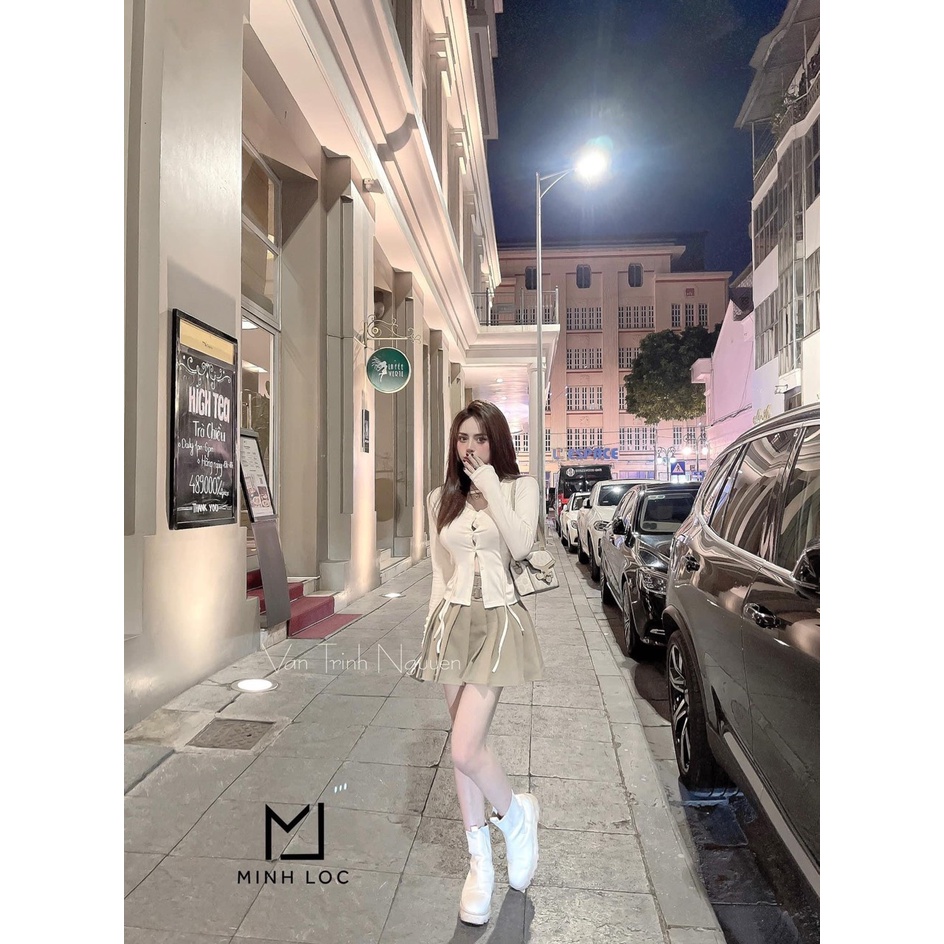 Set áo len be dài tay rút eo mix chân váy xếp ly kèm đai