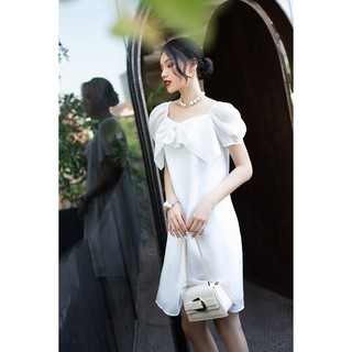 Đầm váy nữ công sở 92WEAR đủ màu, đủ size, xòe ngắn tay bồng có nơ ngực DXW0580
