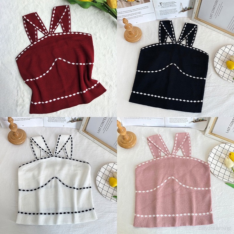 Áo Tank Top Hai Dây Dệt Kim Thoáng Khí Màu Sắc Thời Trang Cho Nữ