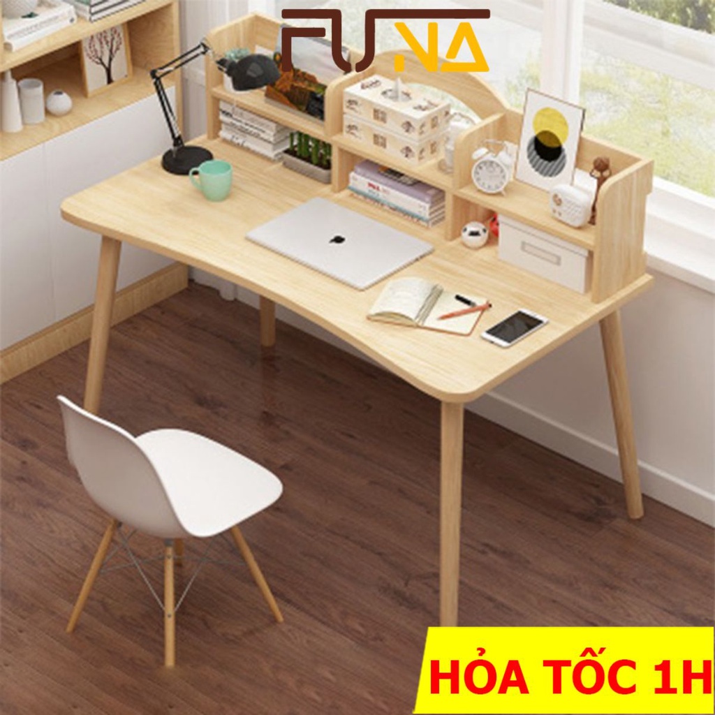 Bàn học gỗ FUNA kệ sách 2 tầng tiện ích , chân gỗ tiện cao cấp to và chắc chắn, sơn lót PU chống mốc mối mọt - BLVG03