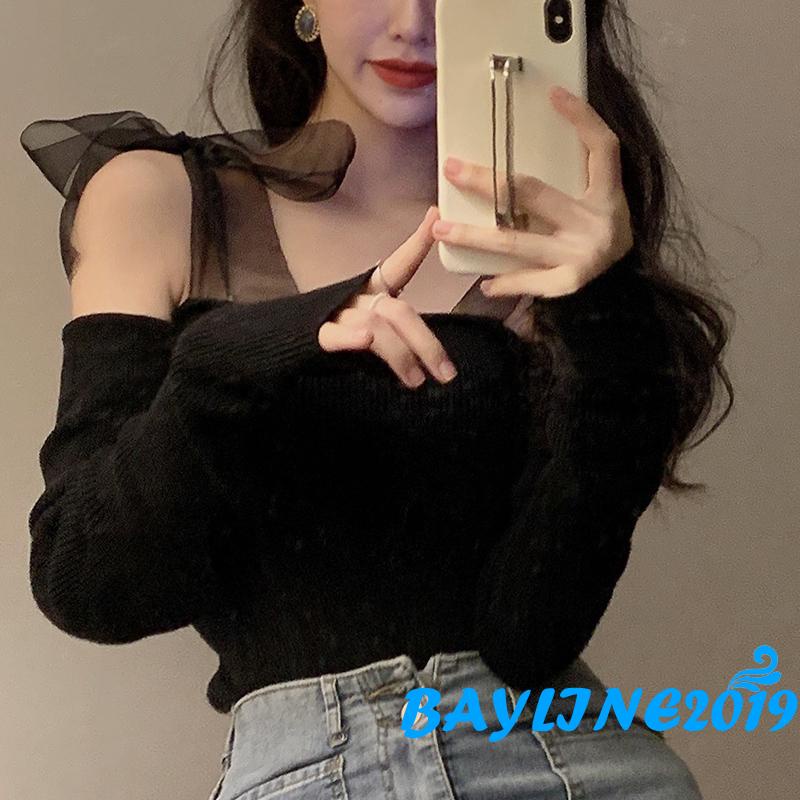 Bay-Women Trendy Crop Tops, Solid Color Ribbed Off-Shoulder Long Sleeve Blouse with Tied Shoulder Strap for Ladies, Black