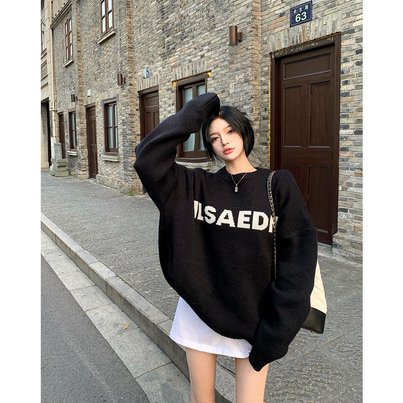 Áo Sweater Dệt Kim Tay Dài Dáng Rộng Màu Xanh Lá Kiểu Hàn Quốc Thời Trang Thu Đông Cho Nữ wd37