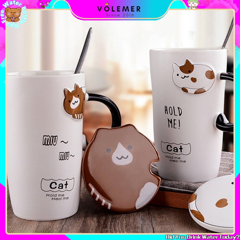 Ly Uống Nước Kèm Nắp Và Muỗng Bằng Gốm Họa Tiết Hoạt Hình Dễ Thương