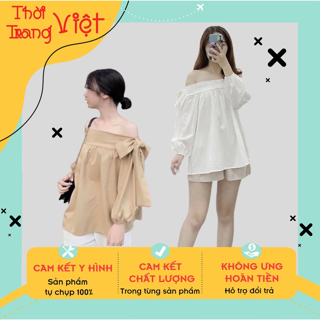 Áo sơ mi trễ vai chất vải mềm dày dặn, Áo babydoll dáng xoè cổ buộc nơ 3 màu đen trắng kem