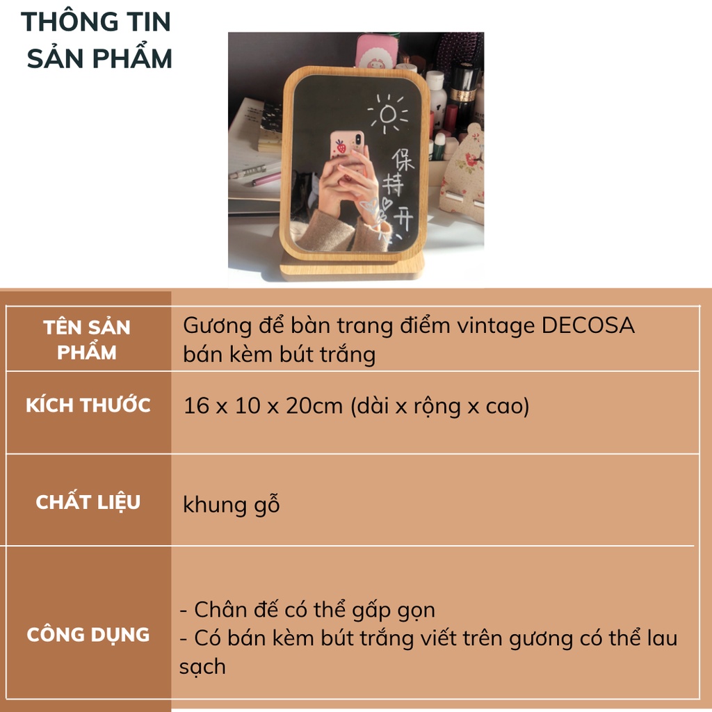 Gương để bàn trang điểm vintage DECOSA bán kèm bút trắng