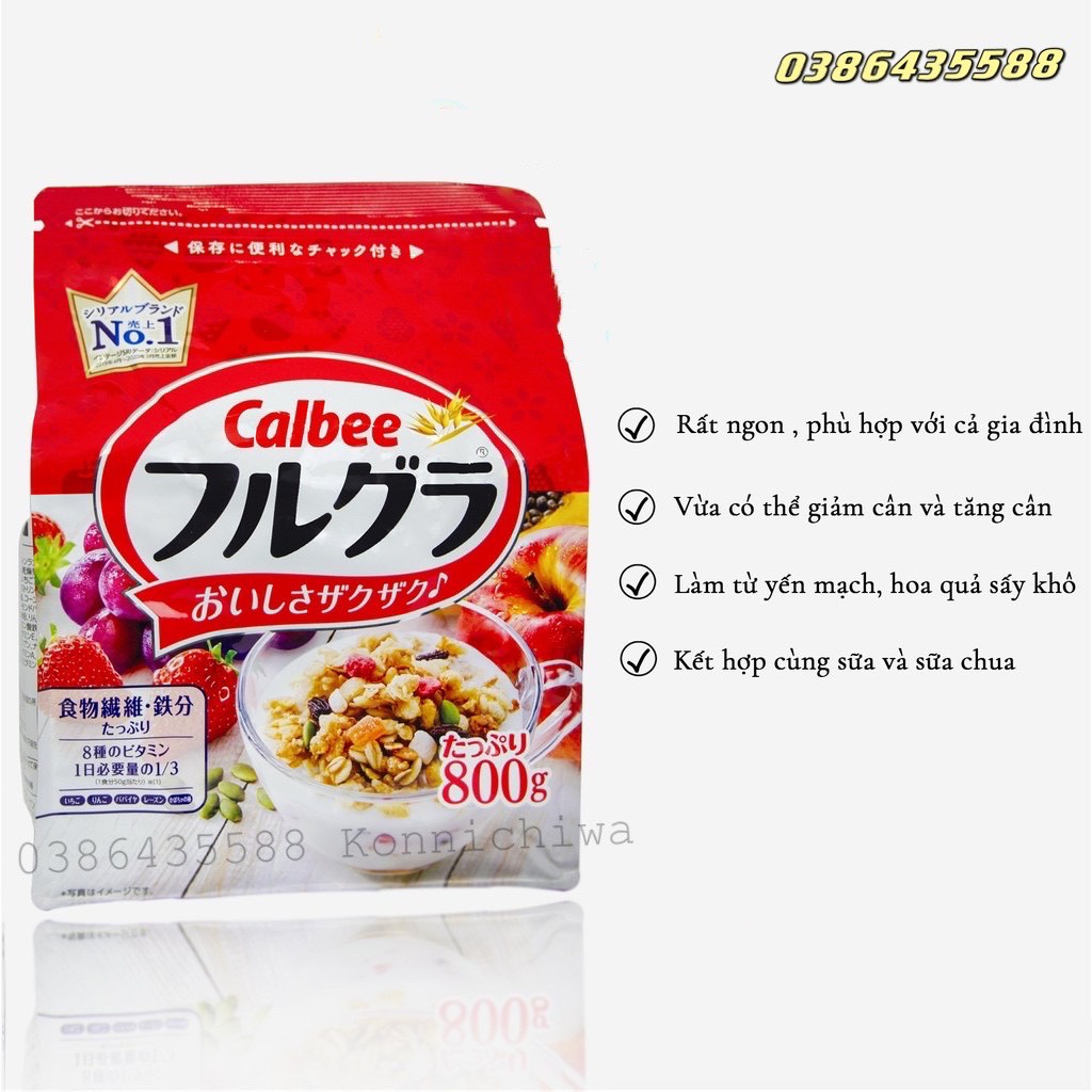 [Date mới] Ngũ Cốc Trái Cây Calbee 800g Nhật bản, Ngũ cốc Calbee Gói Đỏ Vị Hoa Quả Sấy Khô