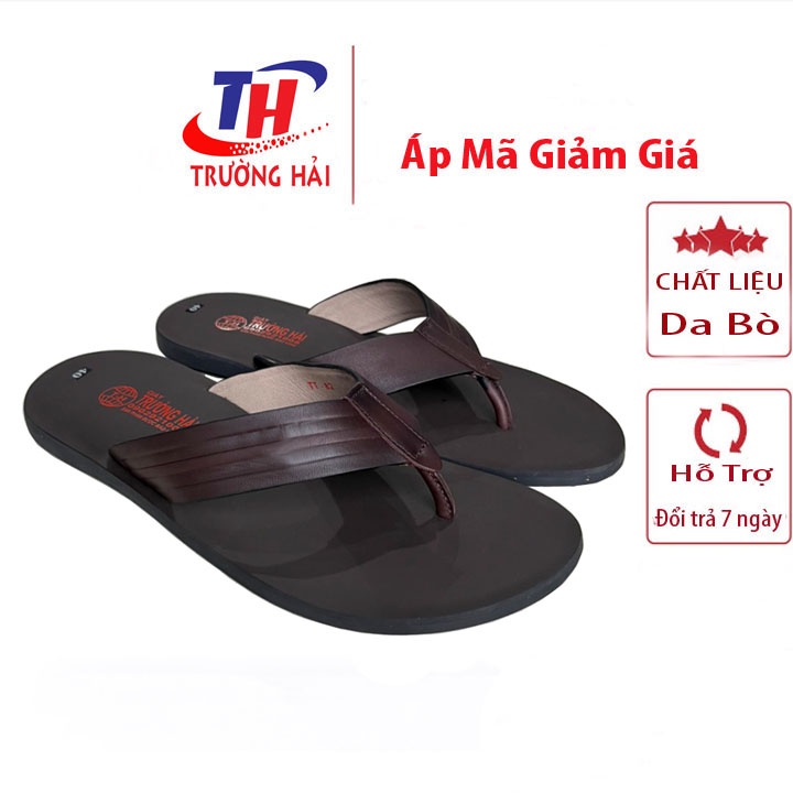 Dép nam xỏ ngón da bò màu nâu Trường Hải mặt đúc chịu nước