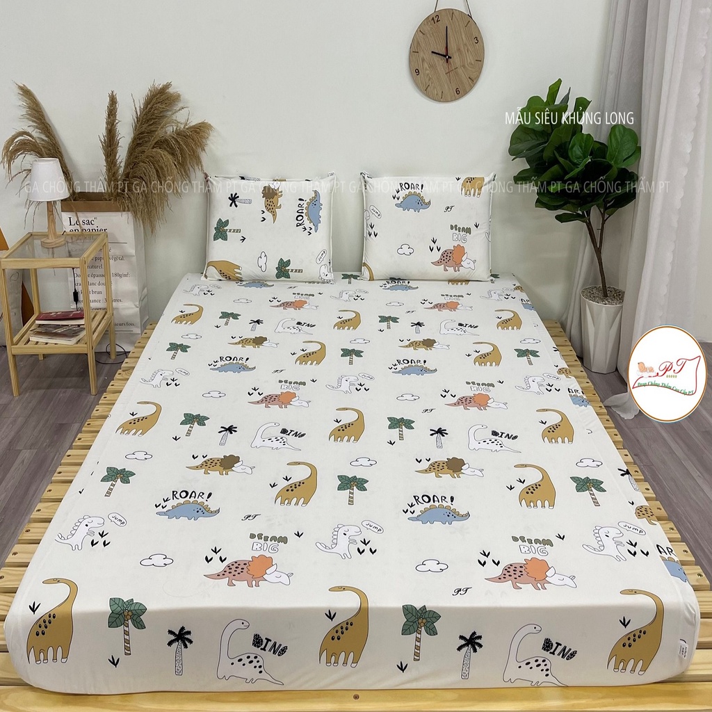 Bộ ga chống thấm cotton cho bé, drap chống thấm nước cao cấp kèm vỏ gối đầu và vỏ gối ôm mềm mịn mát (mẫu khủng long)