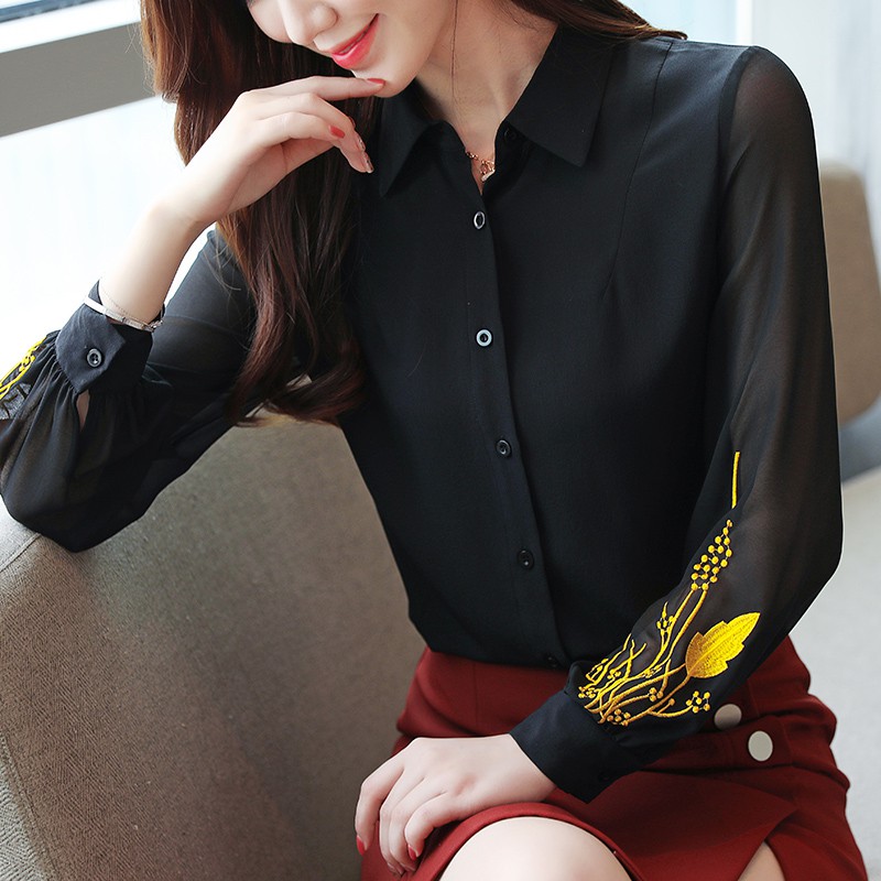 Korean Embroidery Chiffon Casual Blouse Women Autumn Long Sleeve Shirt Black | BigBuy360 - bigbuy360.vn