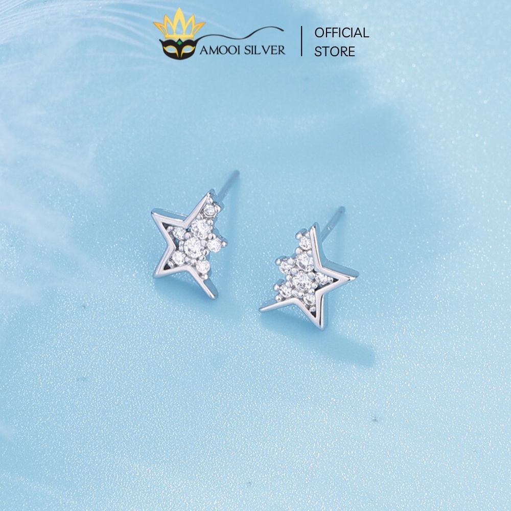 Bông Tai Bạc S925 Sao Loang Thiết Kế Nửa Ngôi Sao Đính Đá Xinh Xắn - Amooi Silver AB138