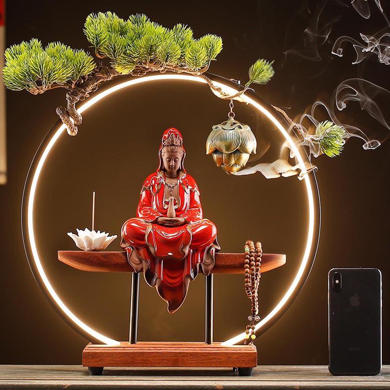 Tượng gốm Quan Âm và kệ đèn led trang trí decor nhà cửa không gian thiền tịnh giúp tâm thư thái an yên