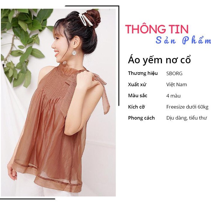 Áo thời trang nữ SBORG áo cổ yếm nơ chất liệu tơ Hongkong ngực xếp li dễ thương freesize dưới 60kg quà tặng vợ