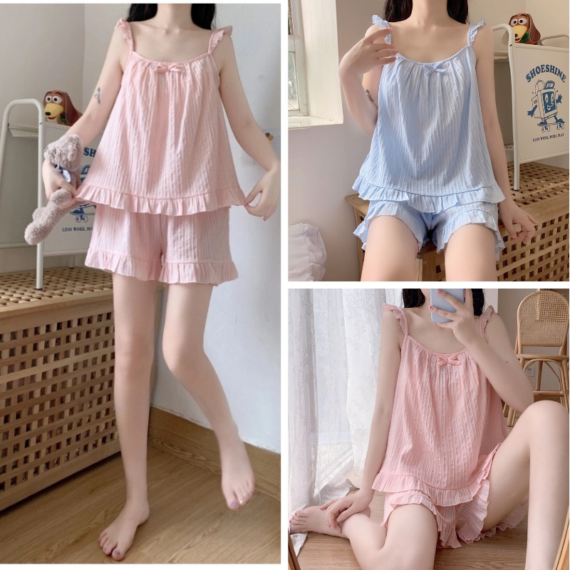 Bộ Đồ Ngủ Nữ ❤️ Đồ bộ mặc nhà hai dây tiểu thư xinh xắn cute | BigBuy360 - bigbuy360.vn
