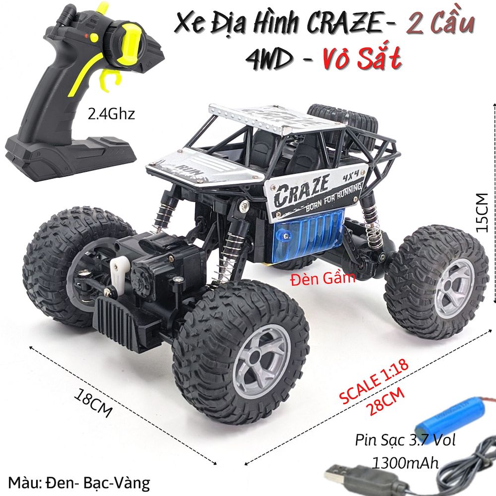 Xe địa hình điều khiển CRAZE - 2.4GHz - Vỏ thép - 2 Cầu - Pin sạc