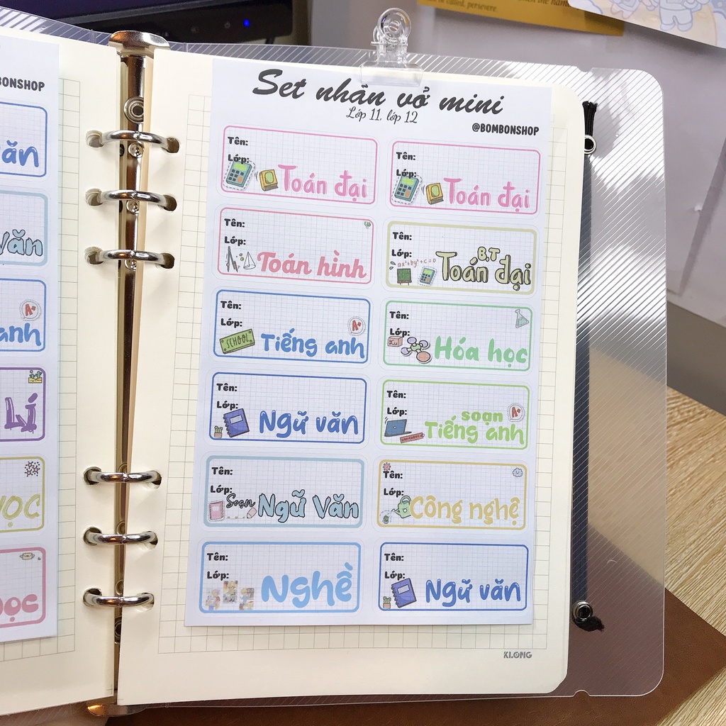 Set 24 nhãn vở MINI Size nhỏ in môn học dành cho học sinh, nhãn dán tập mini các lớp cấp 2 cấp 3. BOMBON