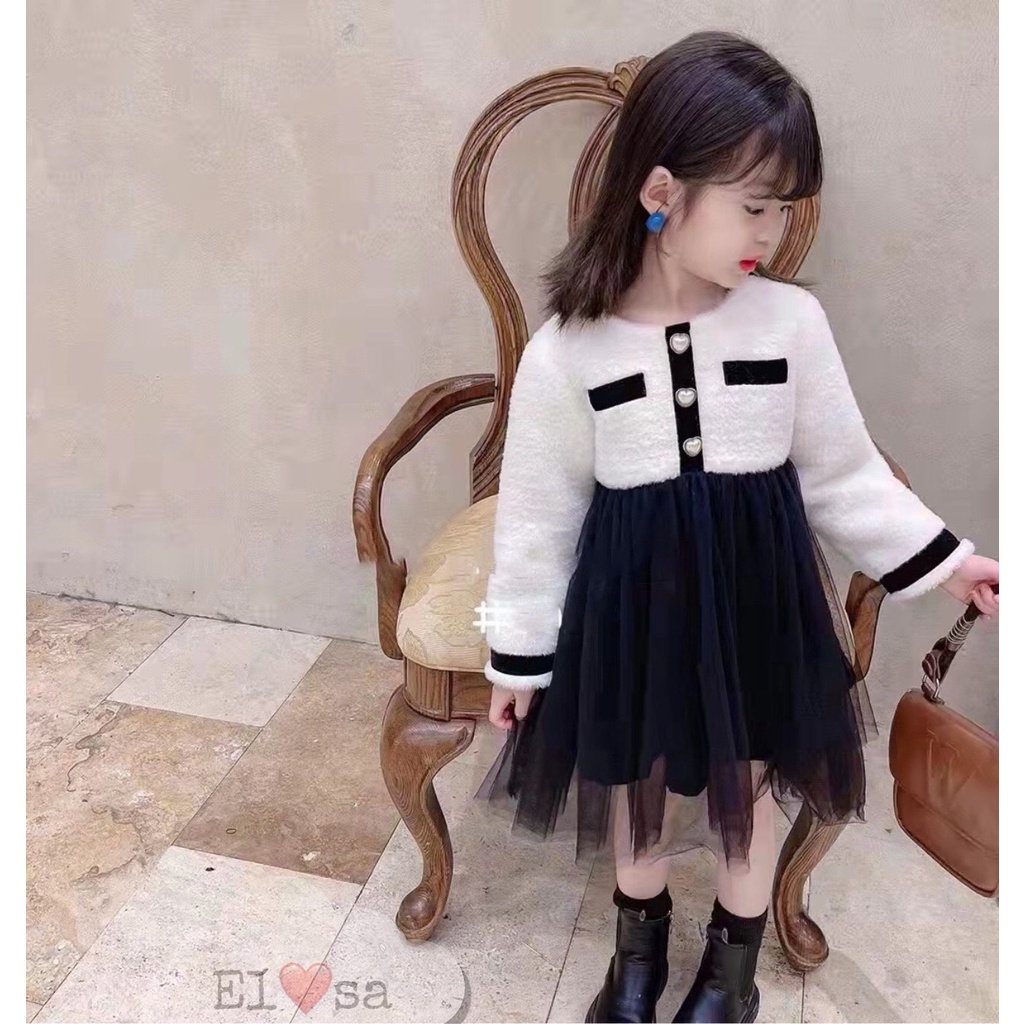 Set đồ thu Bipu - Váy len cúc tim cực chanh xả