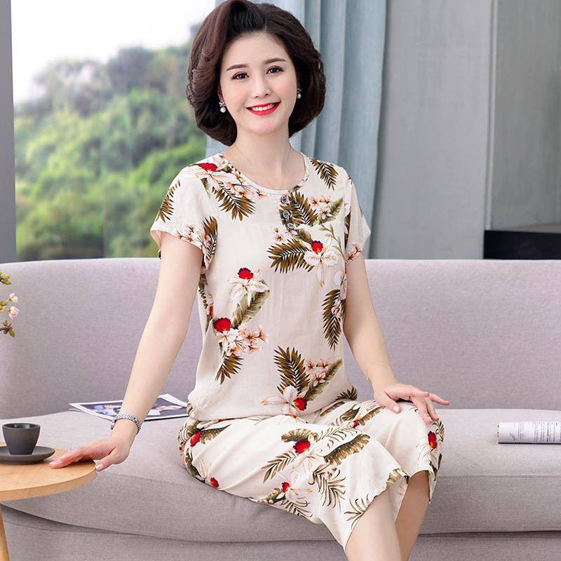 Bộ đồ ngủ vải cotton giả lụa thời trang mùa hè cho nữ trung niên