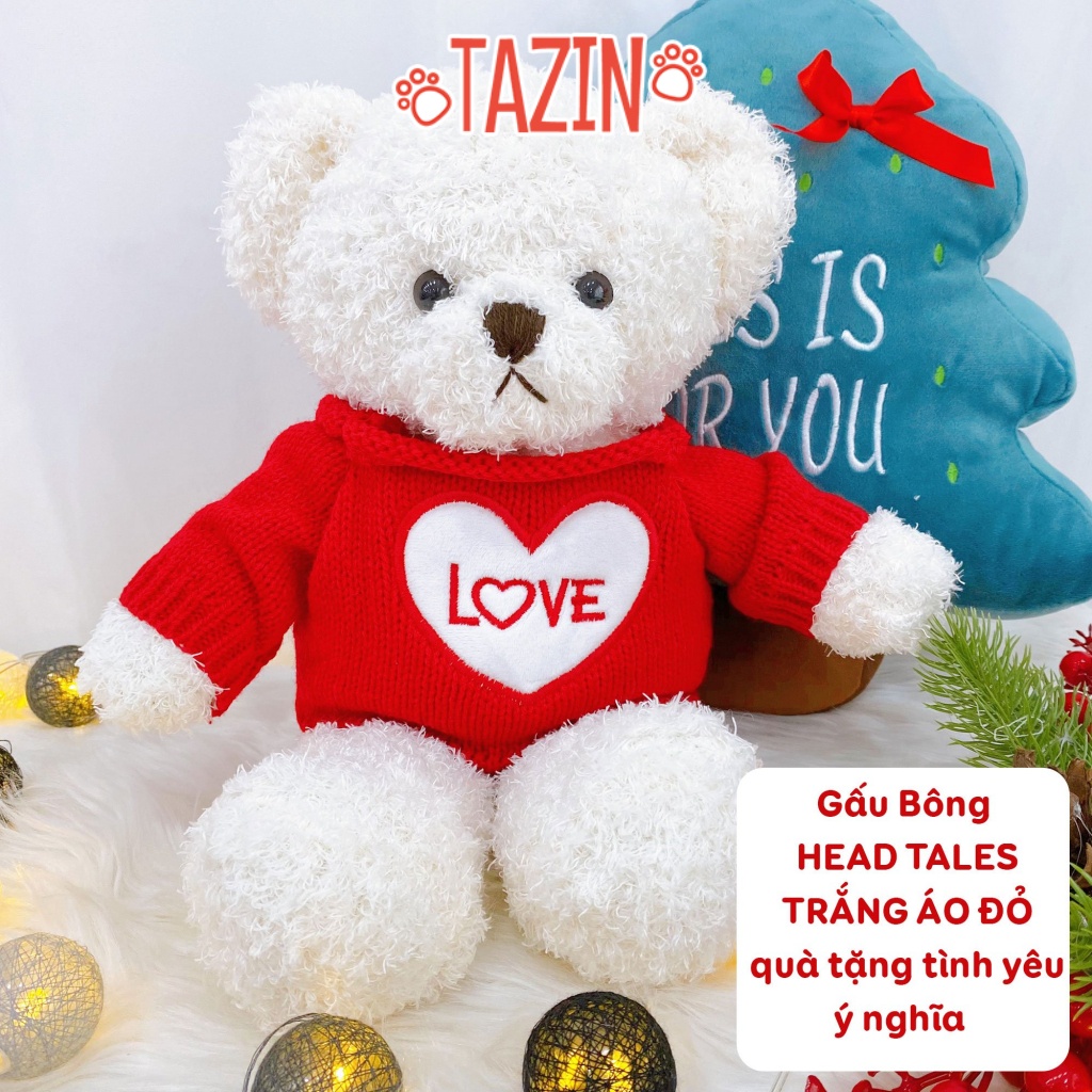 Gấu bông teddy head tales trắng áo đỏ chữ love, teddy head tales bông cao cấp TAZIN