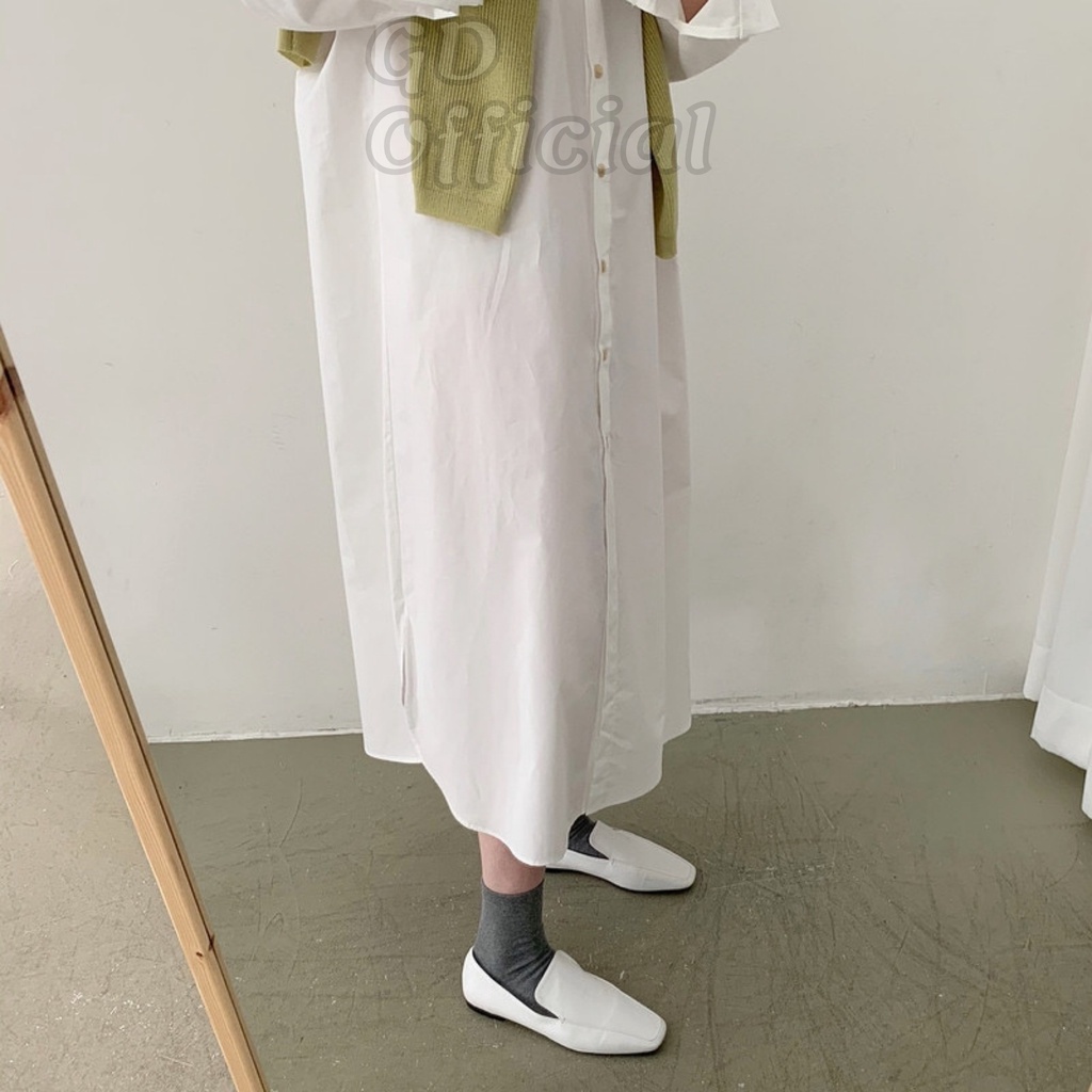 D16|Đầm sơ mi basic cho nữ, dáng dài cổ điển, cotton dày dặn, hút mồ hôi màu trắng, xanh gd_order