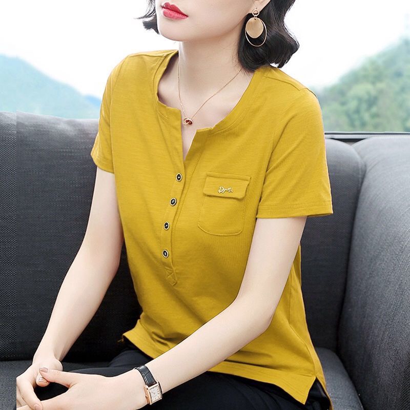 Áo thun cotton cổ chữ V dáng rộng phong cách Hàn Quốc thời trang nữ năng động