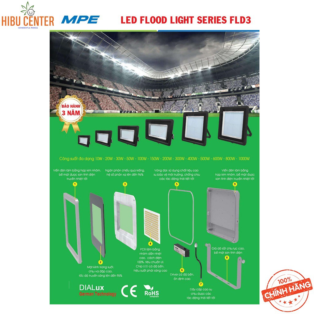 Đèn LED Flood Light MPE series FLD3 10W/ 20W/ 30W/ 50W Ánh sáng Trắng, Vàng – DIALux Công Nghệ Đức – Hàng Chính Hãng