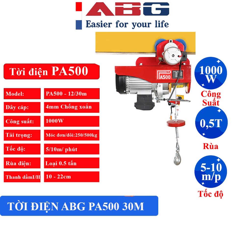 Bộ Tời Điện Kèm Rùa ABG PA500 30 Mét Nâng Hạ Vật Nặng Dễ Dàng Trong Nhà Xưởng Công Nghiệp