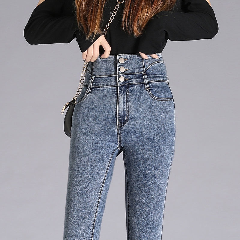 Quần jeans Dài Lưng Cao 3 Nút Thời Trang Cho Nữ