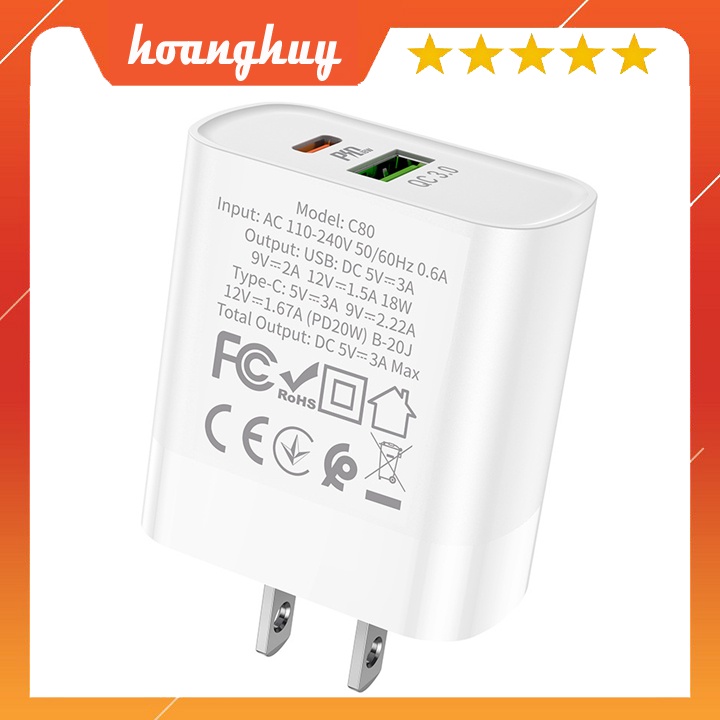 Sạc nhanh PD 20W / QC3.0 HOCO C80